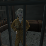 Trixie behind bars.