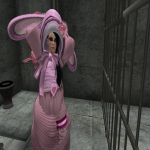 Malice Crow in her bunny suit in the cells at HPD