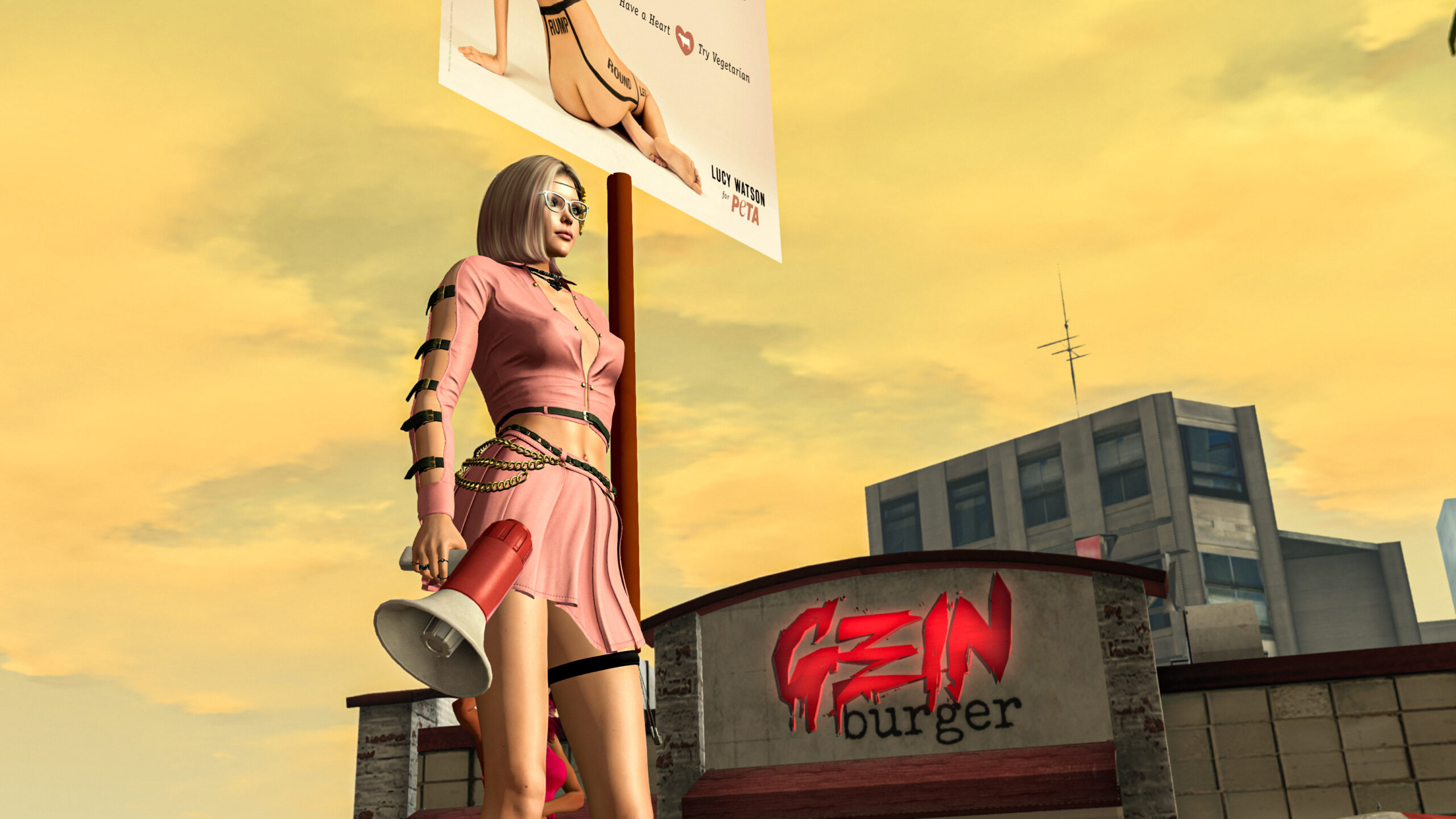 Zofia outside the Gein with a placard against meat