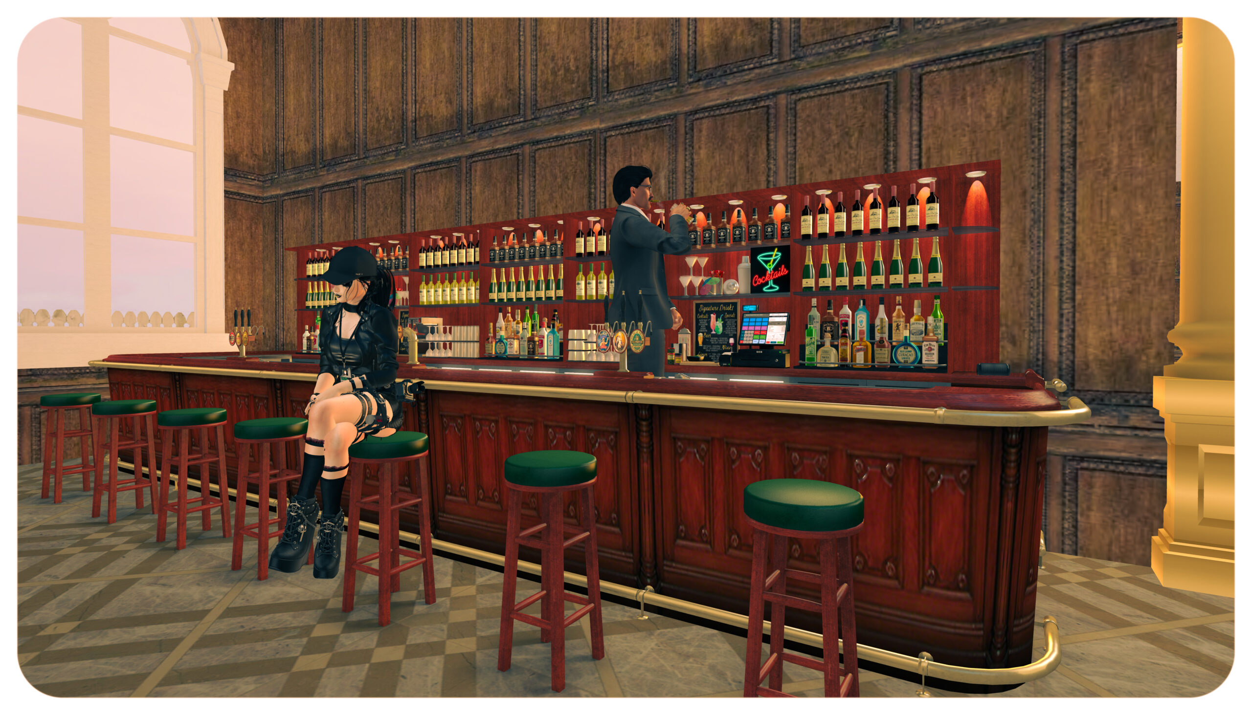 The bar with Anthony behind it, Daiyu at the front. It's a long bar, wood with many stools and lots of drinks behind it.