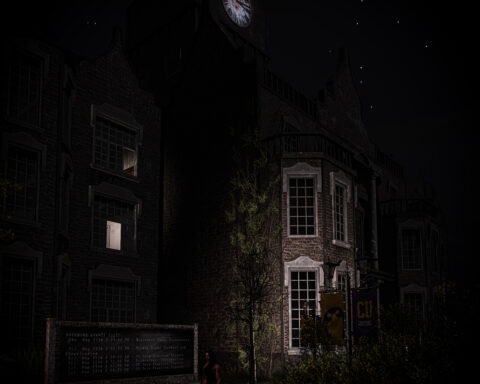 Columtreal University at night looking a bit spooky