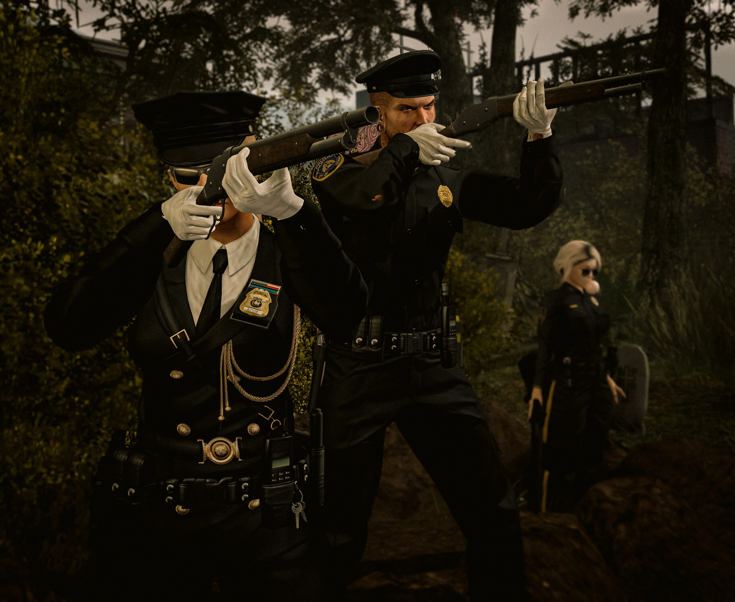 Officers Doge, Fyre stand in the cemetery with their guns out ready to give the salute.