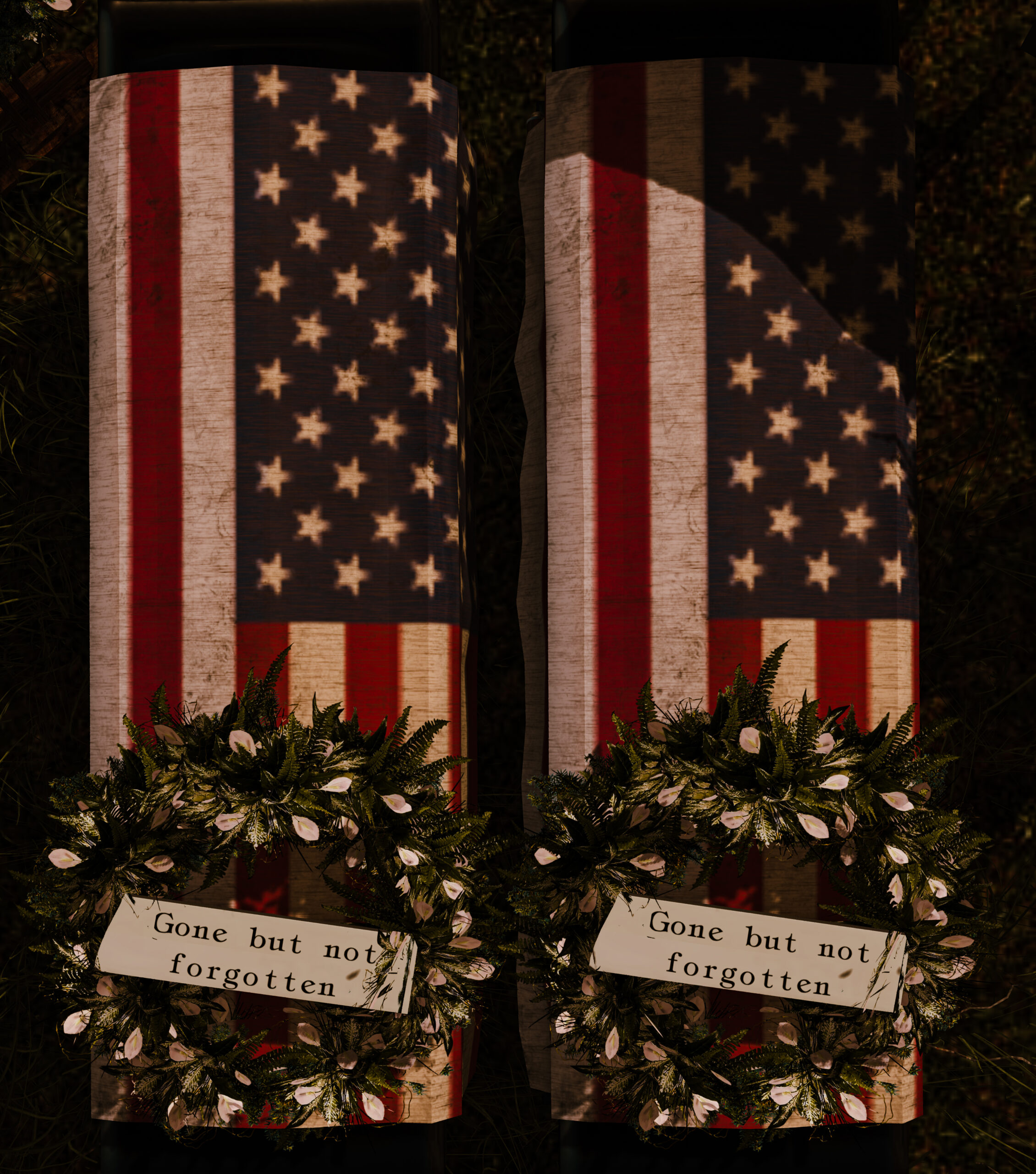 Two coffins, draped in the American flag with remembrance wreathes