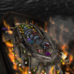 A funeral pyre boat, with a body in a shroud, surrounded by mementos of life.