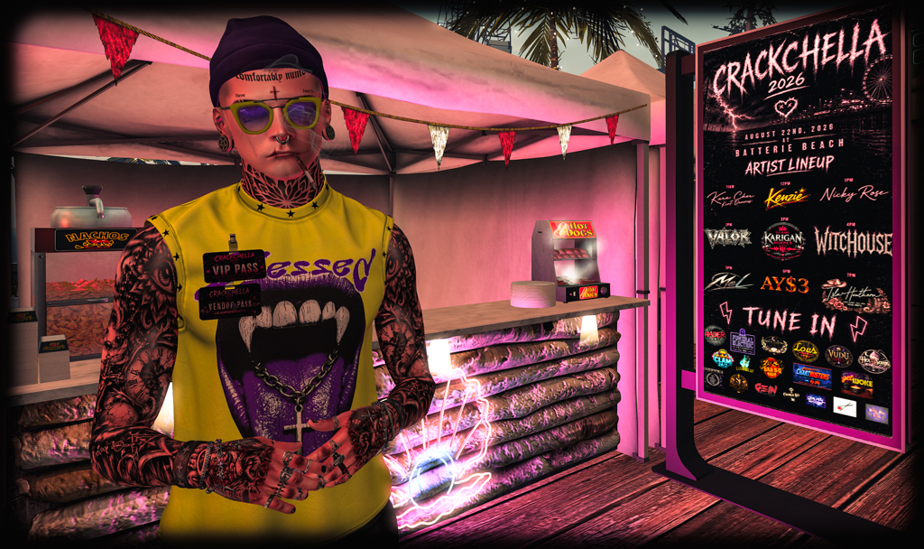 Charlie Bundy standing outside his Crackchella festival store beside the artist lineup display