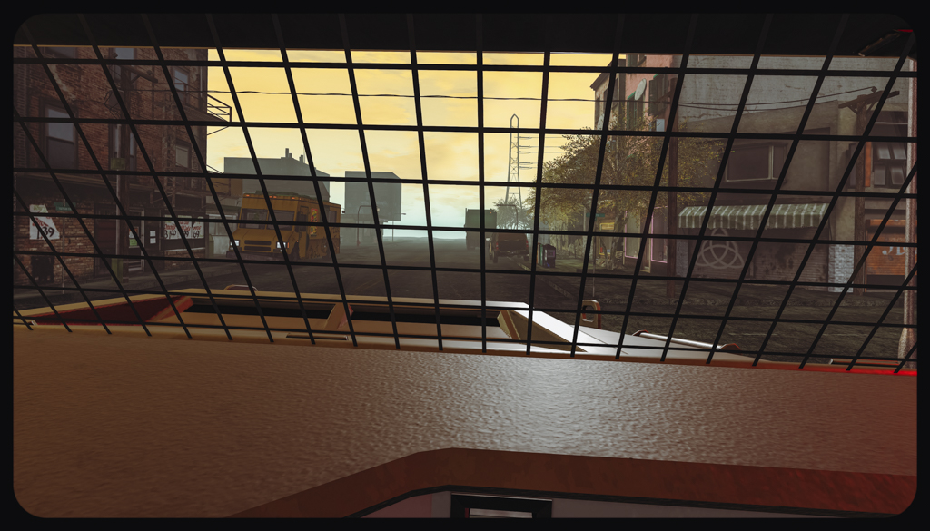 View of Hathian through the protective grille inside the HPD MRAP