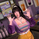 Viola Liang, wearing a purple and orange outfit poses in the midst of the Rock Hard Boba Kitchen
