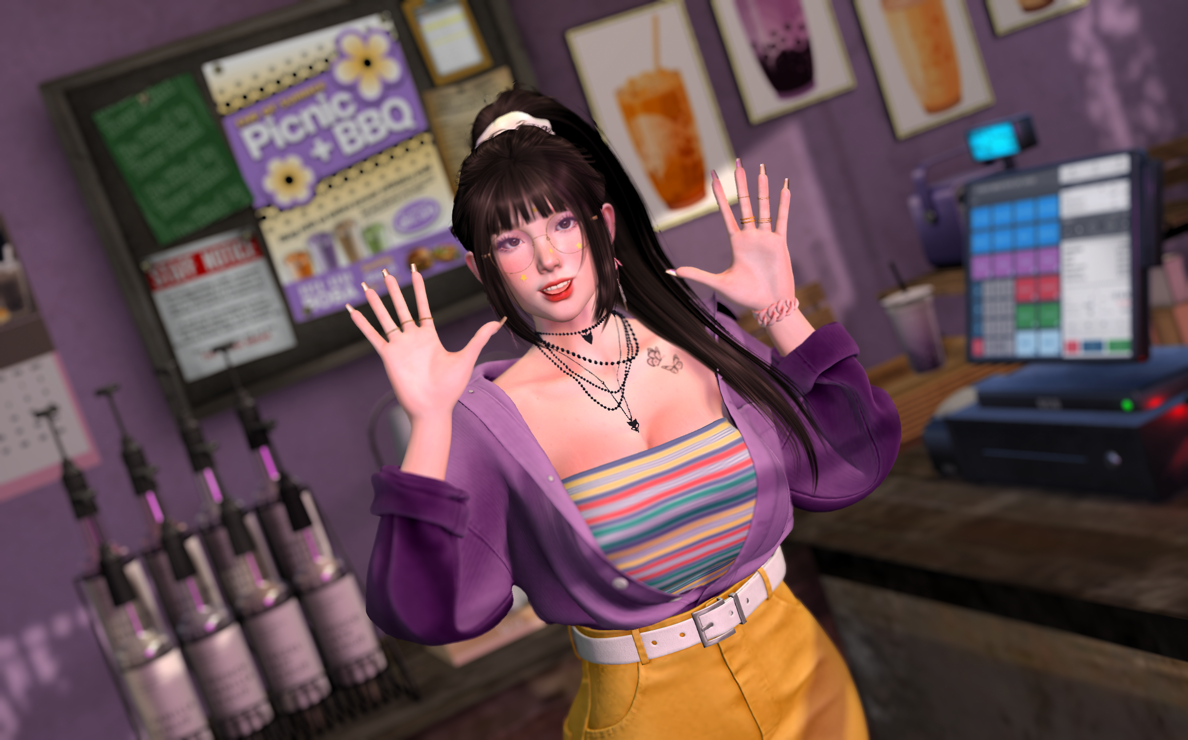 Viola Liang, wearing a purple and orange outfit poses in the midst of the Rock Hard Boba Kitchen