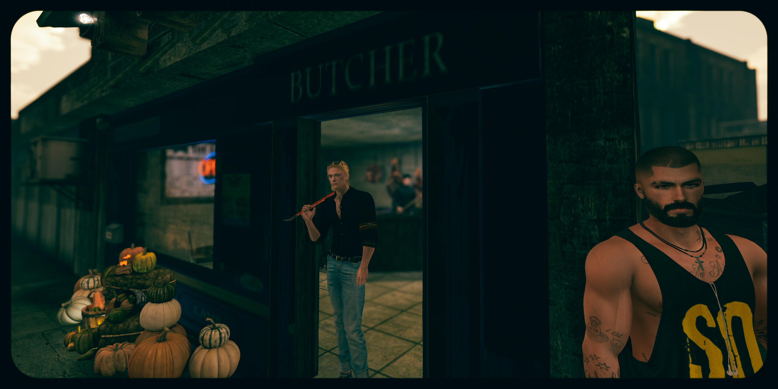 The confrontation outside the butcher shop as the crowd grows.