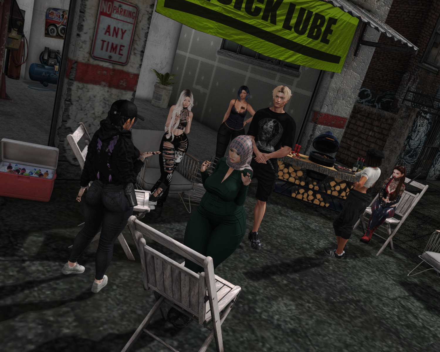 People gathered outside Hathian Motors before the HPD raid.