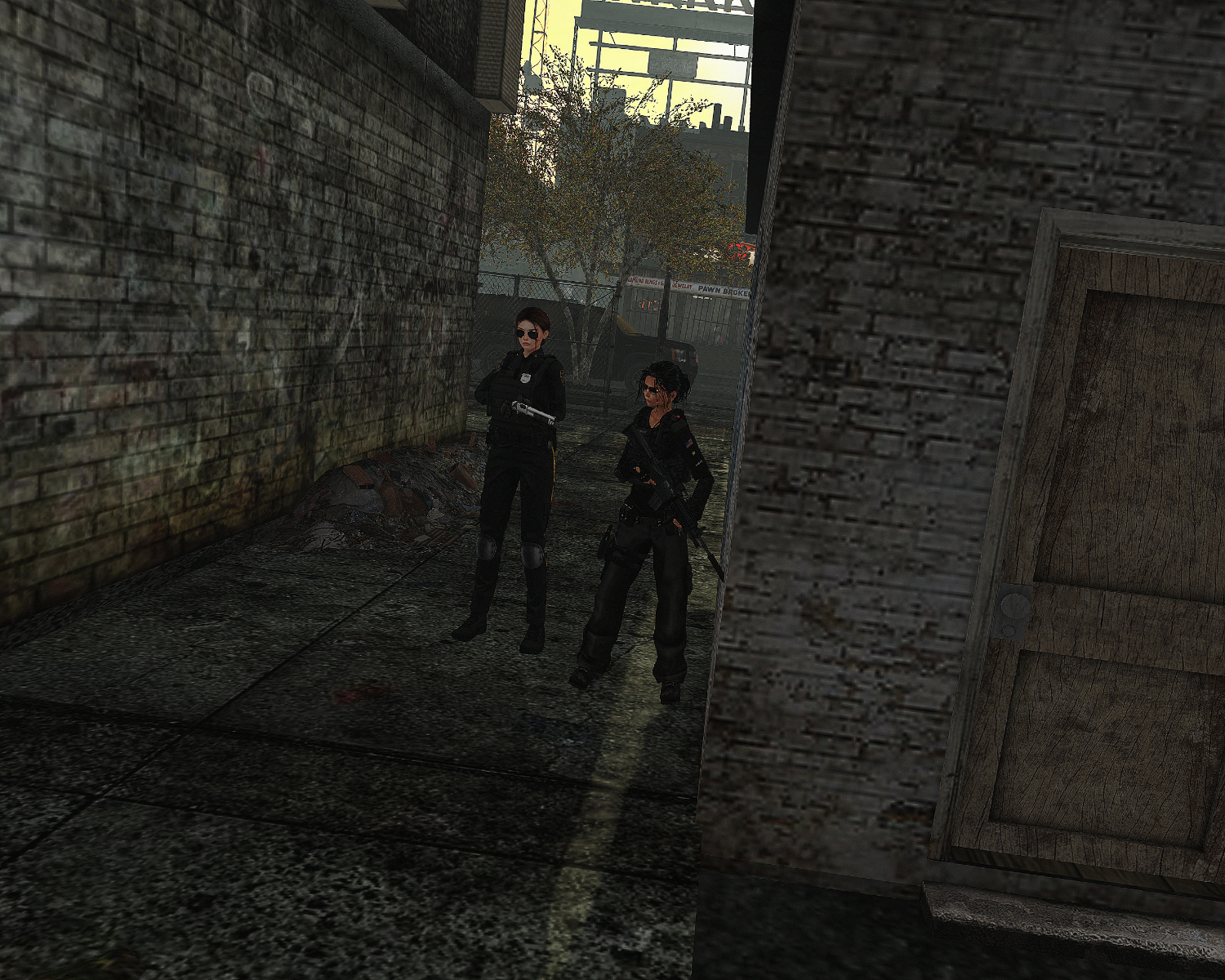 HPD officers moving through an alley during the flanking approach to Hathian Motors.